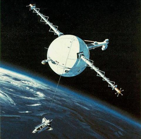 An artist’s concept of the Tethered Satellite System, which was used to study tidal stabilization, tether propulsion and orbital plasma dynamics.