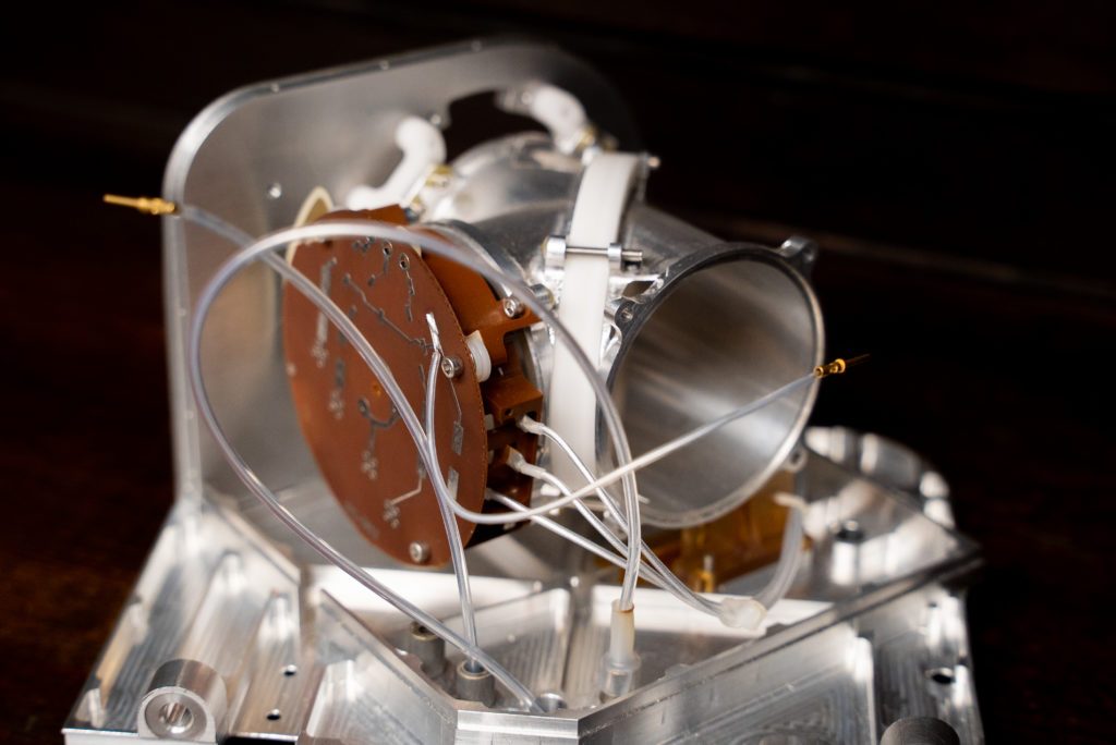 A copy of the FIPS instrument. The instrument is designed to determine the composition of Mercury’s sparse atmosphere through the use of a low mass and low power plasma mass spectrometer.