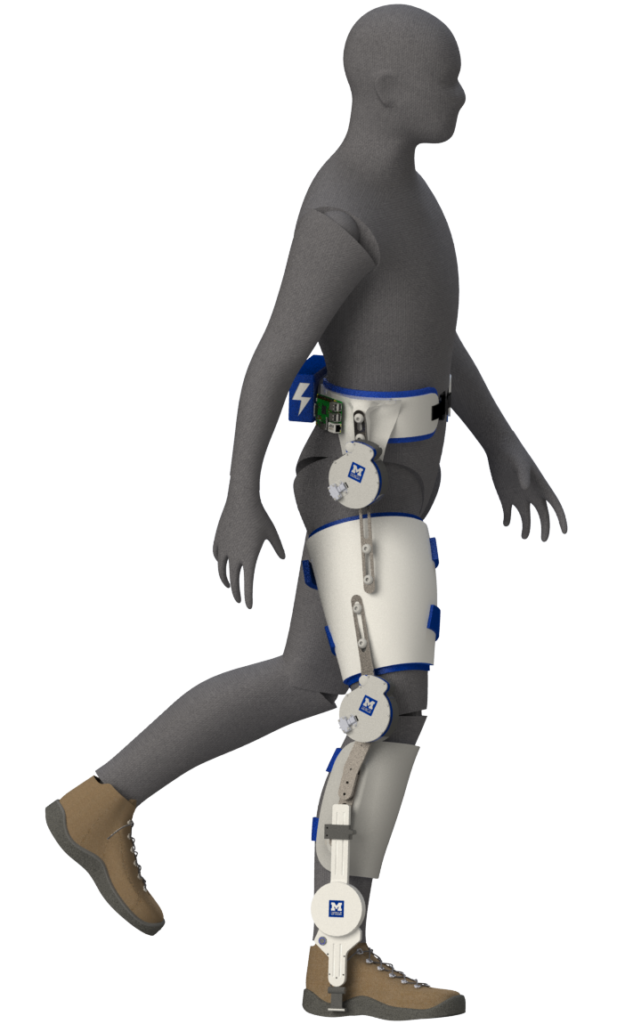 A 3D model of a person wearing the exoskeleton