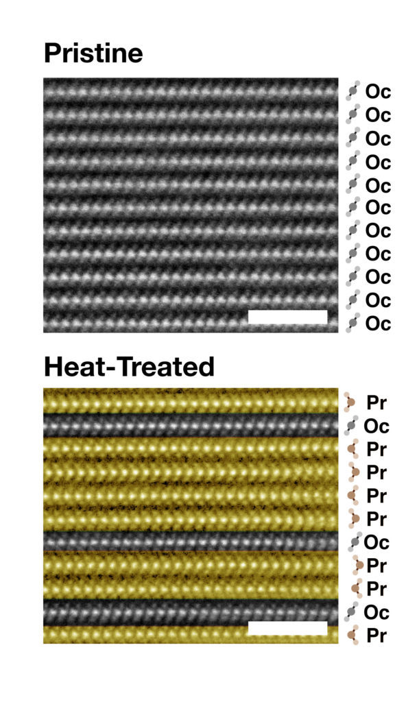 This electron microscopy image shows the atoms within individual two-dimensional layers of tantalum sulfide before and after the heat treating process. Before heat-treating, all layers are bonded with octahedral geometry. After heat-treating, most layers are bonded with prismatic geometry. The remaining octahedral layers exhibit ordered charged density waves and have switched from conductor to insulator. The white scale bar represents two nanometers.