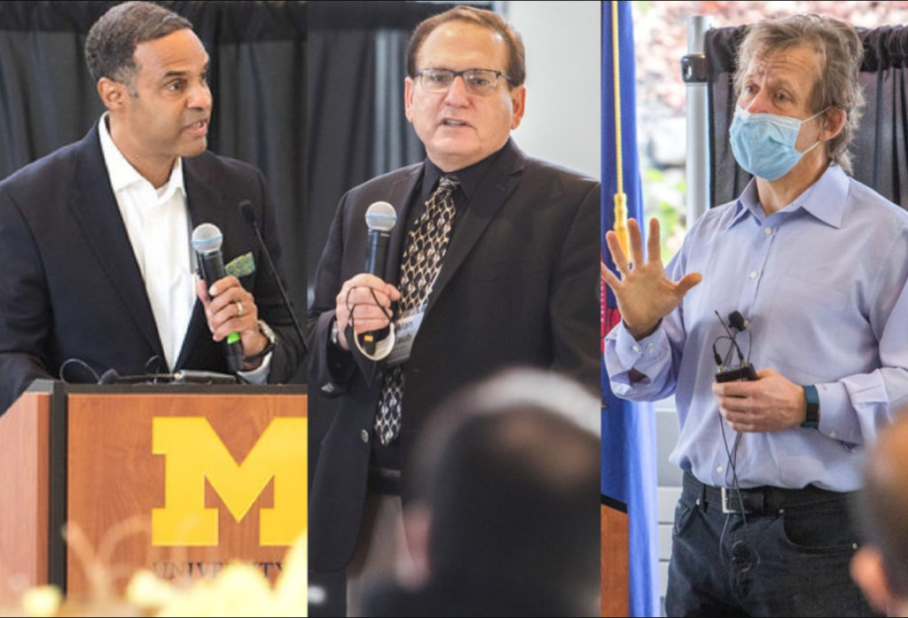 Dean Alec Gallimore (left) and MMRI director Alan Taub (center) give opening remarks. CHE Professor Nicholas Kotov (right) presents "Emergence of Complexity in Chiral NanoAssemblies" at the inaugural MMRI Symposium on Nov. 10.