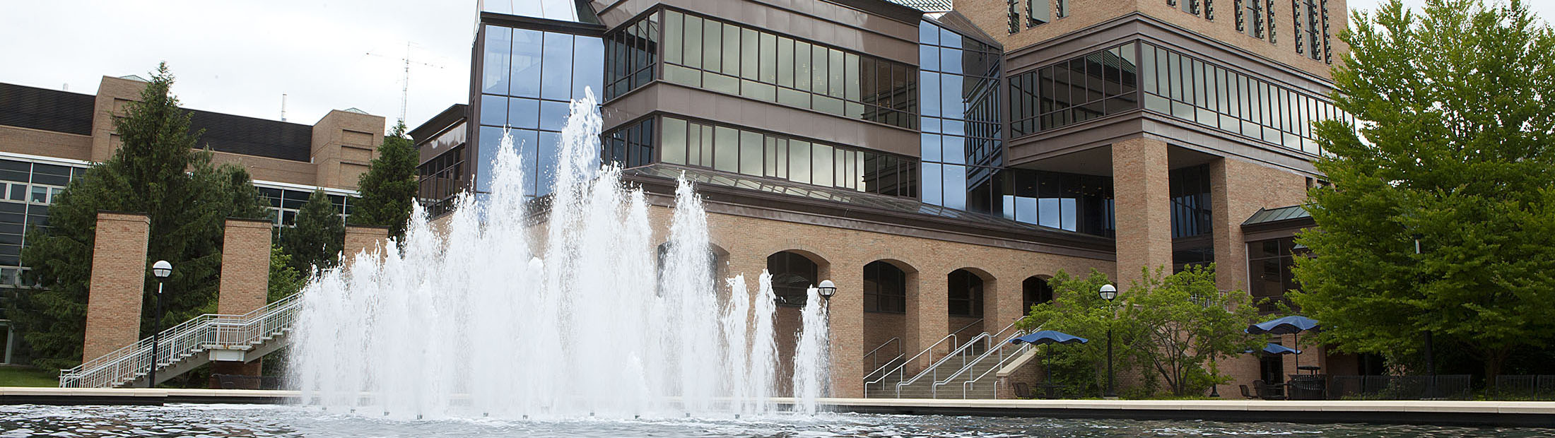 The Lurie building with the fountain running in the background