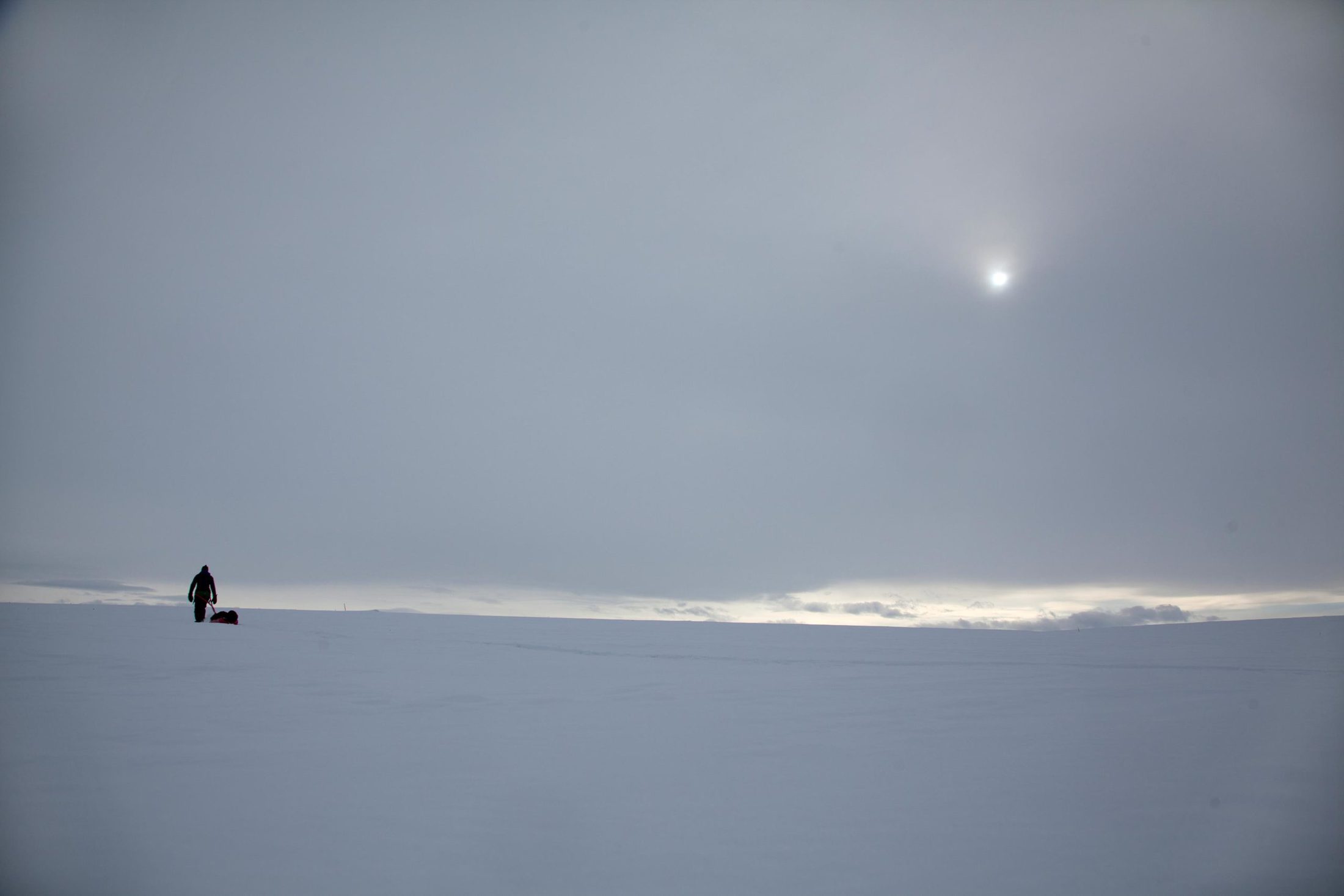 A lone person on a tundra of ice.