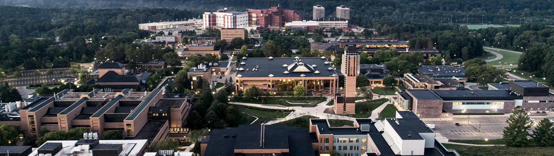An aerial view of several buildings on North Campus.