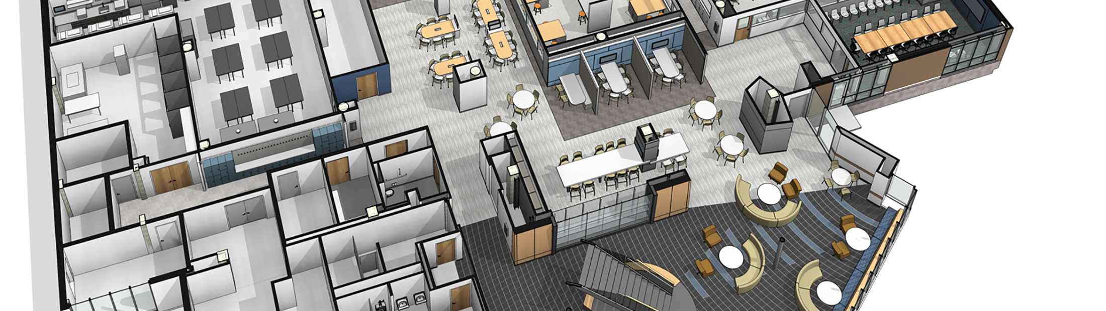 A 3D render of the overhead view of the planned design space renovation for Biomedical Building