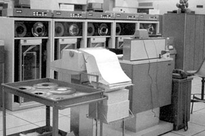 This IBM Model 1410 at the University of Michigan Computing Center (circa 1960s) read cards onto magnetic tape for input into the IBM 67.