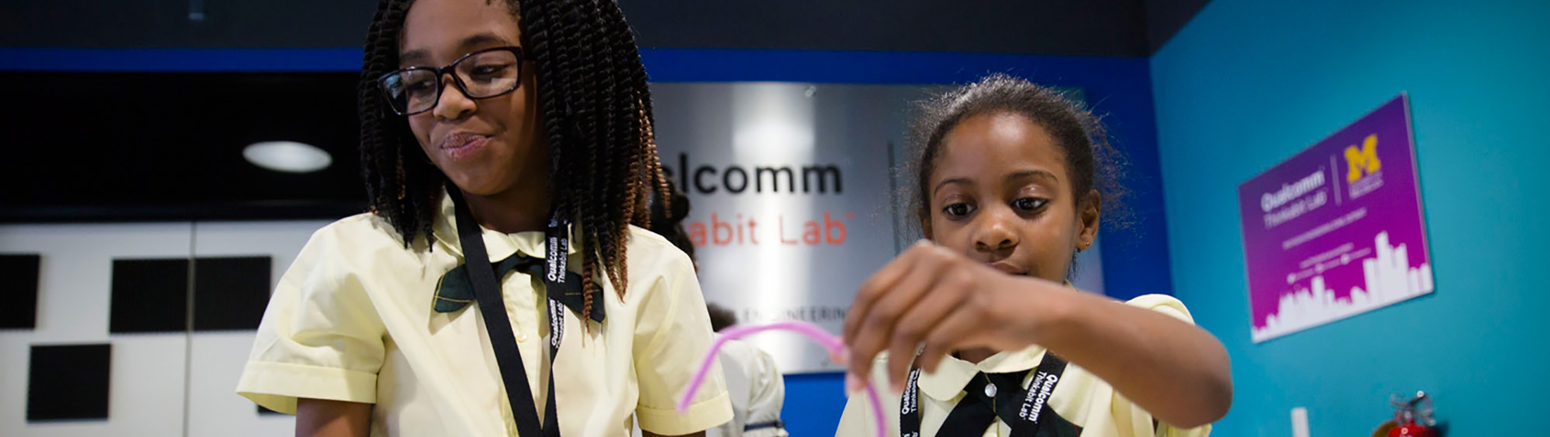 Image of two Fourth graders from the Coleman A. Young Elementary School learning to program using Arduino kits