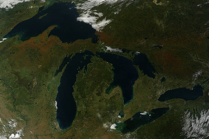 An aerial photo of Michigan and the Great Lakes