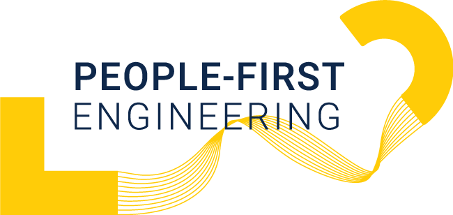 People-First Engineering logo with transparent background, yellow connector and blue text.