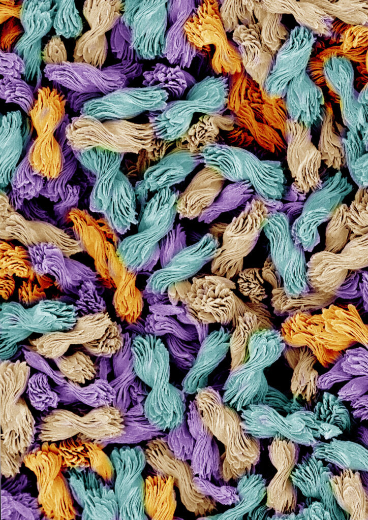 Orange, purple, blue and beige bowties captured in a colorized electron microscope. They look almost thread-like.