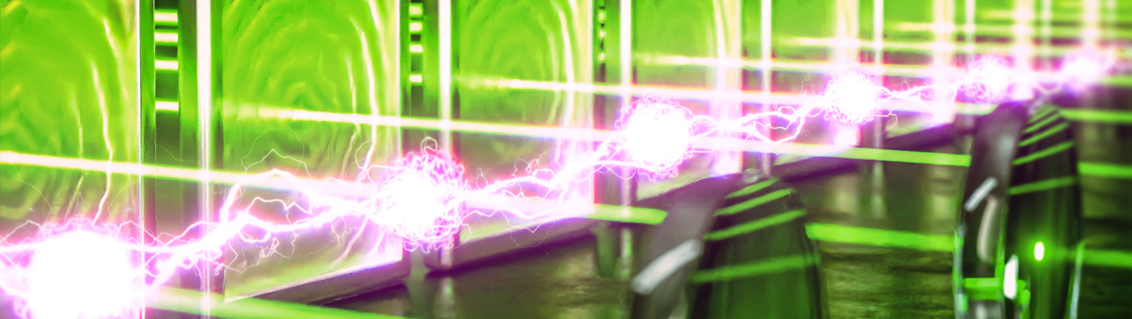 An artistic rendering of green lasers and purple light