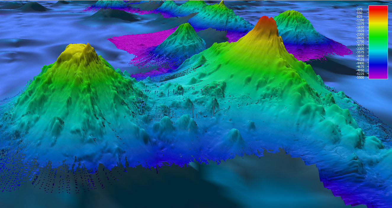 Bright colors show different peaks and valleys deep below the oceans surface. Deep parts are blue, changing to green, then yellow, and finally red the higher the peaks rise.