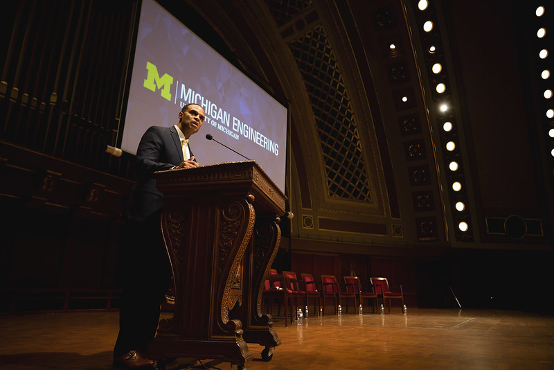 Alec D. Gallimore speaks at the Michigan Engineering Graduate Student Orientation in 2019.