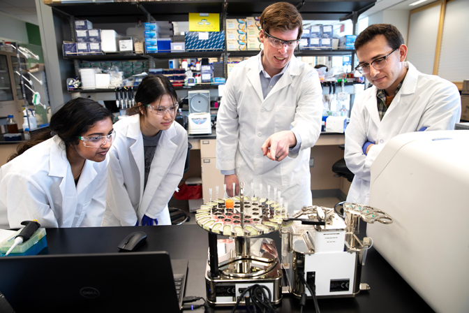 Graduate students (from left) Deepthi Suresh, Noelle Toong, professor Paul Jensen and graduate student Benjamin David examine their robot performing automated experiments.