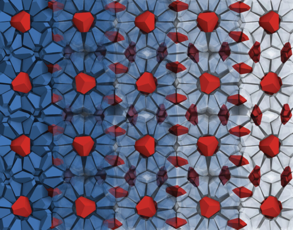 The blue bipyramid particles fan out around the red bipyramid particles, looking vaguely like blue petaled daisies with red centers. As we see through a layer of the structure, four red guest particles appear in each box marked at the corners by the guest particles that were initially visible.