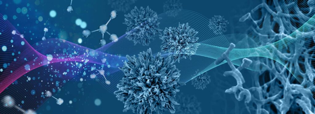 From the left, an array of dots becomes ball-and-stick molecular models. Next are electron microscope images of nanostructured particles and on the right, a lifelike network of filaments. A wavy surface traced out by a grid overlays the sequence of images.