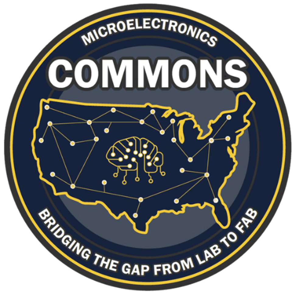 Illustration of the U.S. with lines connecting dots across the country. In the center of the country is an illustration of a brain. Around the image is the text 'Microelectronics Commons - Bridging the gap from lab to fab'