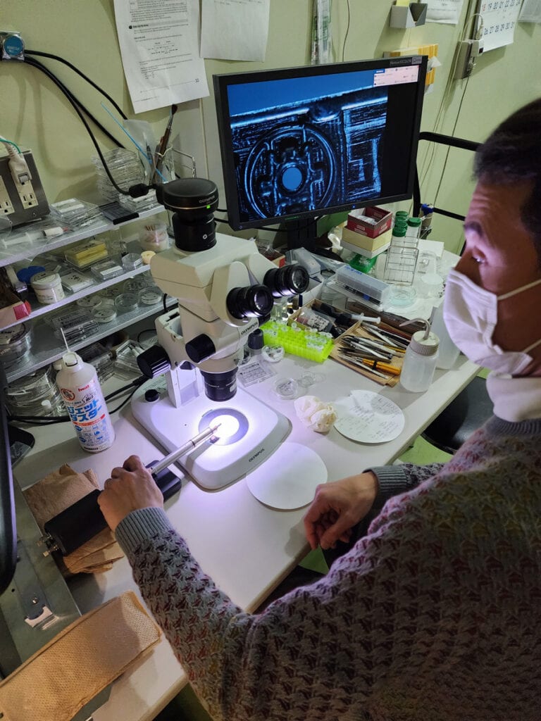A man stands in front of a lab bench cluttered with research materials and tools. The man is facing a microscope. A light on the microscope illuminates a rod that the man is holding beneath the microscope. A tiny microchip, the sample holder for the transmission electron microscope, is attached to the end of the rod under the microscope's objective lenses. A nearby computer screen displays a magnified view of the sample holder, which looks like a silhouette of wires and compartments on a field of blue.