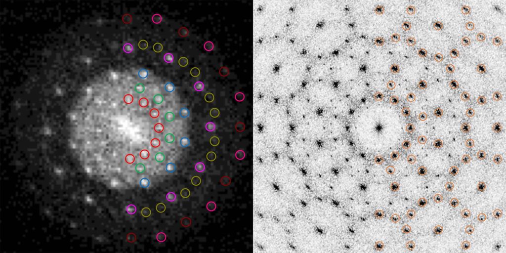 The image on the right has a dark background with a series of concentric circles traced out with 12 bright points. Some points have rings around them—again, circles traced with brighter points, presenting sort of a rosette design that is brightest in the center. The image on the left has a pale gray background with dark points tracing out the concentric circles and rosettes. It is much clearer and doesn't darken or brighten at the edges, as the information fed into the transform from the simulation was more complete than the information available from the microscope.