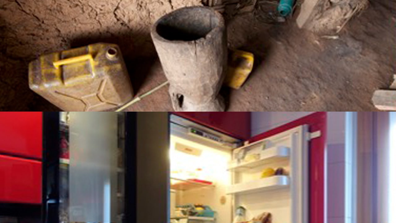 Two side by side images. The left side image shows a cylindrical wooden container on a dirt floor. The right side image is a built-in electric appliance with the door open and light on, filled with food and drinks.