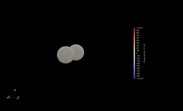 Two balls hitting and erupting in a computer simulation model