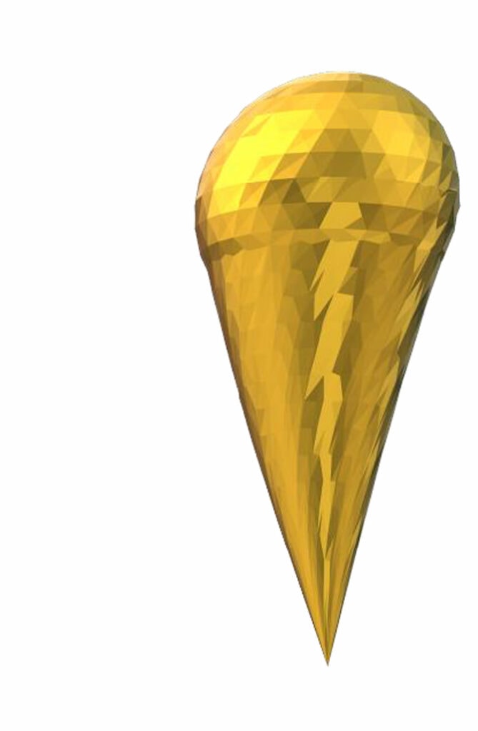 A yellow particle resembles a snow cone or tear drop with many facets, like a gemstone. The pointy end has a drill-like spiral that causes the left edge to bow outward and the tip to curve slightly to the right.