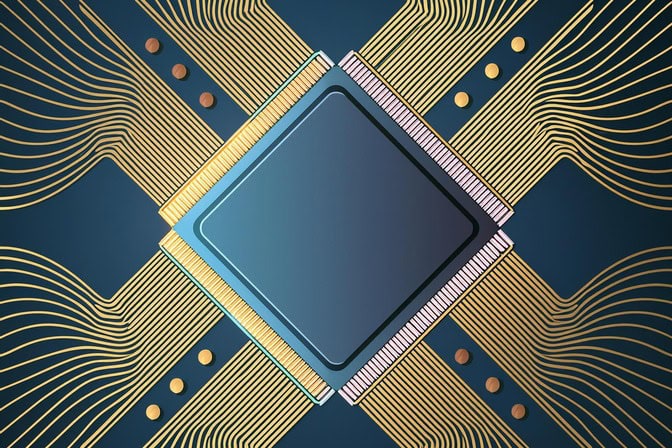 AI generated image of a memristor chip, showing a teal base with gold wires.