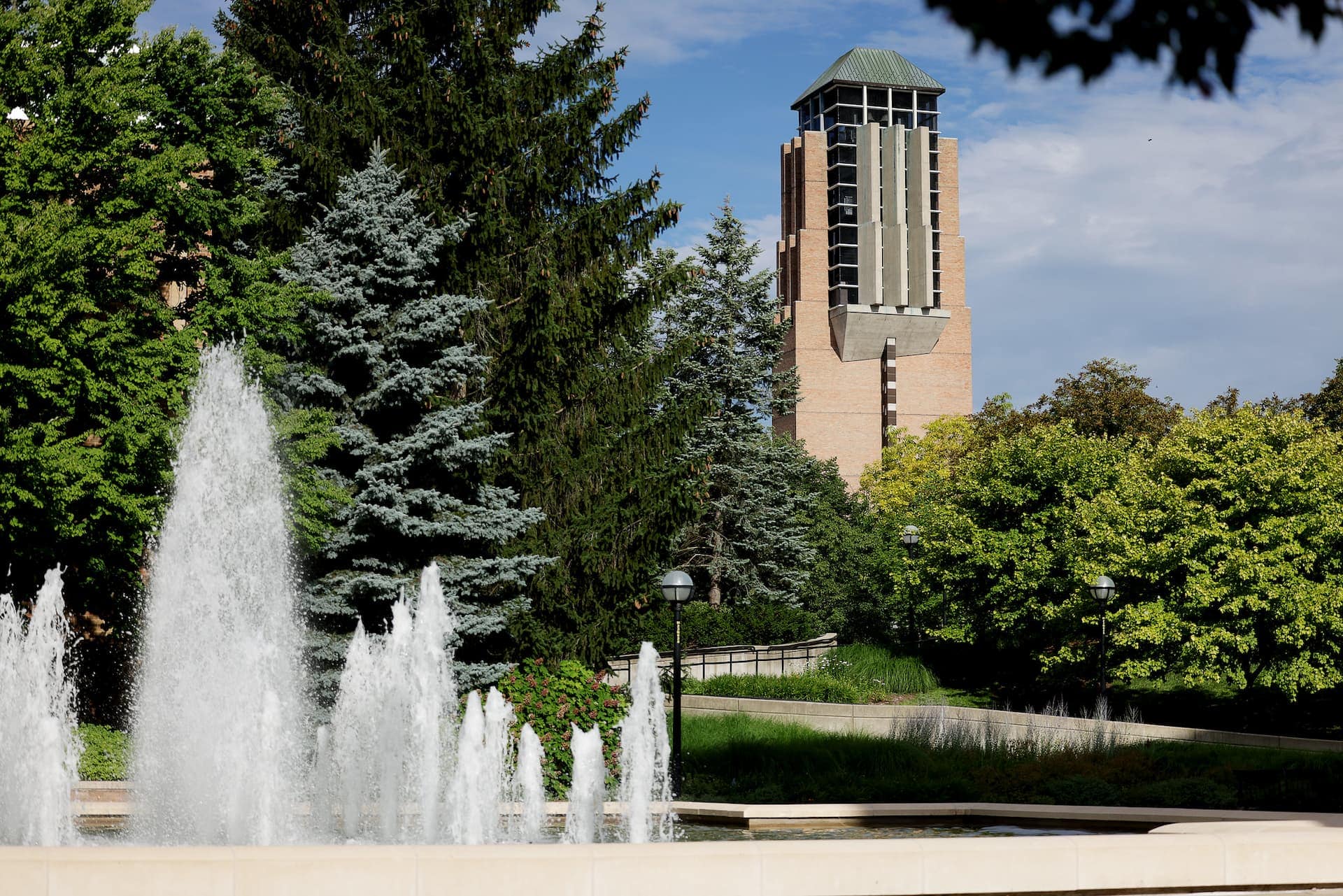 North Campus' Lurie Tower stands in the distance, with fountains in the foreground