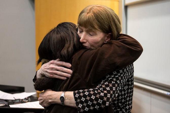 Grace Hsia, IRLEE Project Intermediate Manager and CoE Alumnus, gives a hug to Lynn Conway at the Own It Leading Inclusion: Gender In Engineering keynote event at the Chesebrough Auditorium on November 18, 2014. Photo: Joseph Xu