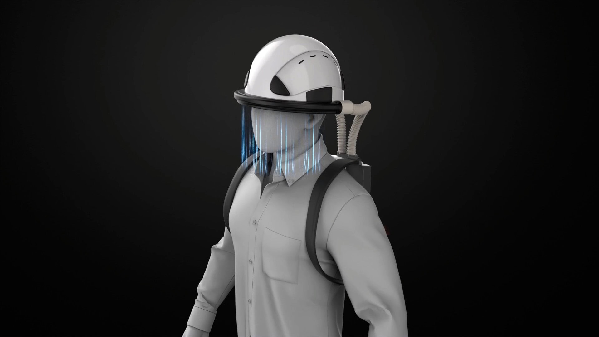 An animation screenshot shows a simulated worker wearing a hardhat connected by two air tubes to a backpack that houses the device’s cold plasma module. Air is shown flowing downward from the brim of the hat.
