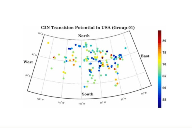 The plot shows many sites of low to middling feasibility for a coal-to-nuclear transition, with few clear patterns across geography. The highest feasibility sites are somewhat more concentrated in the northeastern quadrant of the plot. The south shows mainly middling feasibility scores, with slightly higher middling scores in the west.