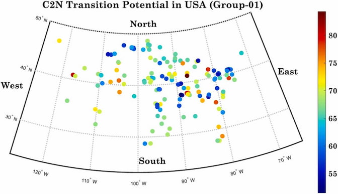 The plot shows many sites of low to middling feasibility for a coal-to-nuclear transition, with few clear patterns across geography. The highest feasibility sites are somewhat more concentrated in the northeastern quadrant of the plot. The south shows mainly middling feasibility scores, with slightly higher middling scores in the west.