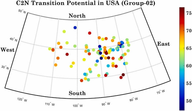 The plot is dominated by sites with middling to high feasibility, with the lowest feasibility sites concentrated in the northeastern quadrant, while the southeastern quadrant has a higher share of the highest feasibility sites.