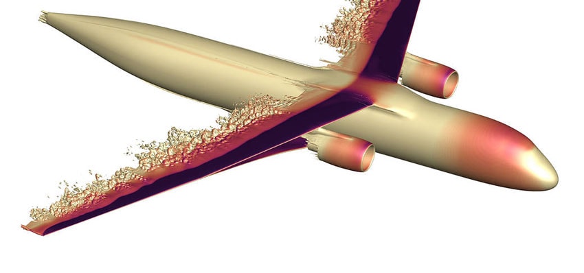 A simulation of a commercial plane. The nose of the planes and the wings are a bright red, showing the areas where the plane has the most drag.