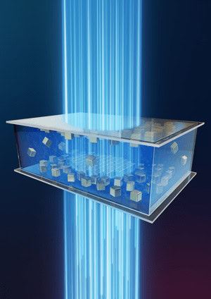 A vertical semi-transparent beam passes through a three-dimensional, rectangular box that holds a blue liquid with gold blocks floating inside.