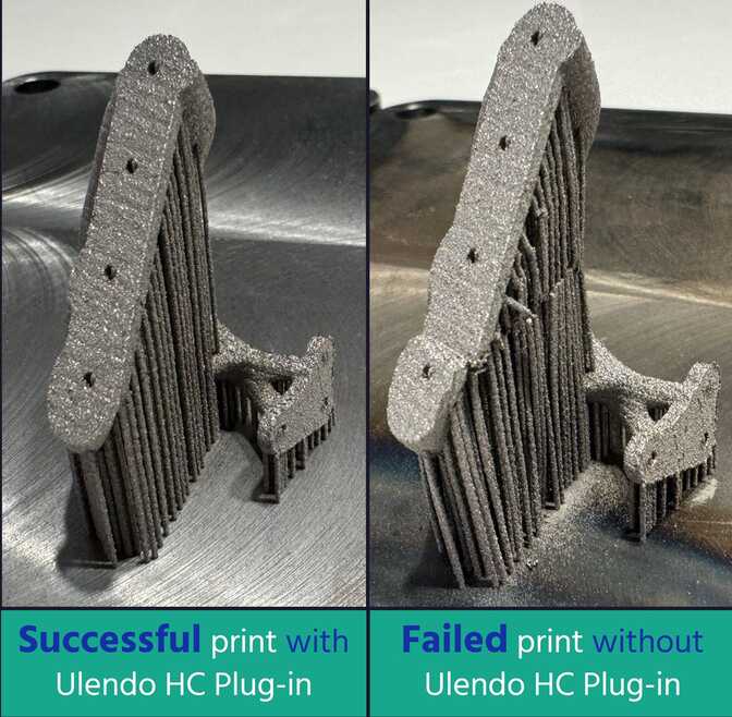 Two similar metal parts, a slanted metal bracket held aloft by more than a dozen small supports, are shown side by side. The part on the left is shown with straight lines, while the part on the right exhibits deformities.