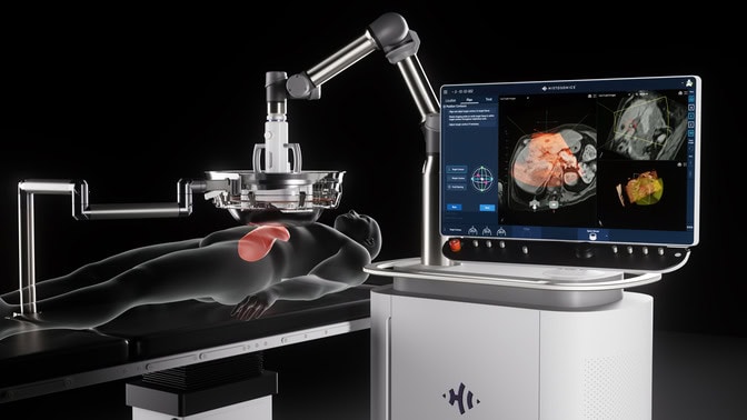 Digital rendering of the the Edison Histotripsy System that was developed by HistoSonics, a startup company founded by U-M engineers and doctors in 2009. The image displays a robotic surgical system over a digital patient with a medical imaging display.