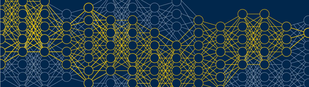 A graphic design featuring a series of circles connected by lines, representing a neural network.