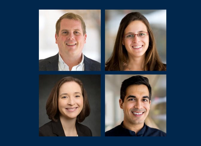 Portrait collage of Four Michigan Engineering researchers have received the Presidential Early Career Award for Scientists and Engineers against a navy background. Top left is a portrait of Kevin G Field; Top right is a portrait of Danai Koutra; Bottom left is a portrait of Karin Jensen; Bottom right is a portrait of Ashwin Shahani.