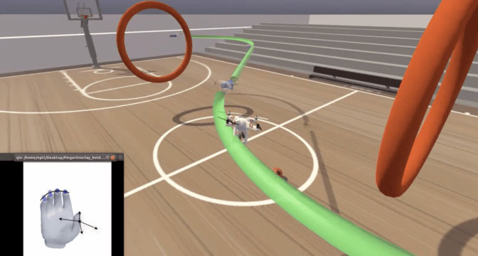 : The quadcopter is on a serpentine path around rings that hang in midair over a virtual basketball court. The fingers of the hand are curled in with a line indicating a neutral point for the fingers. Four vectors point away from the thumb: up, down, right and left.