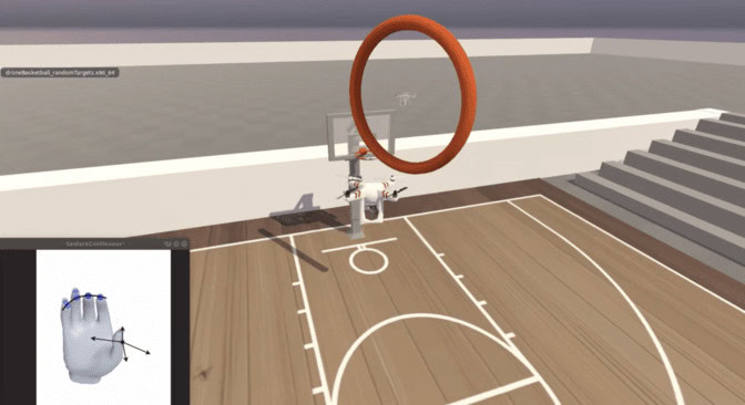 The quadcopter is near a ring hanging in midair above a basketball court. The hand in the corner has curved fingers with the ring and small fingers extending slightly away from the baseline. Four vectors point away from the thumb: up, down, right and left.