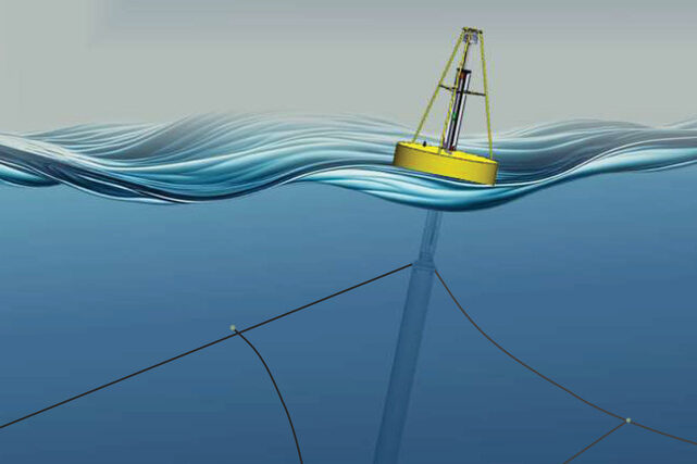 Shock absorbers resemble metal springs that are attached to mooring lines via orange loops. Four mooring lines secure a square, underwater wave energy device, and two branching lines hold a floating yellow buoy in place.