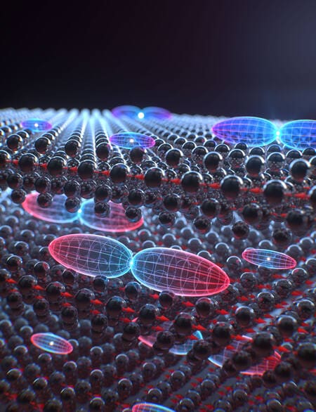 The layers of semiconductor look like shiny black marbles stacked together, each about five marbles thick. These are separated by empty space. The representations of electron orbitals are scattered over the surfaces of the layers. Ground states look like ellipsoids about 3 marbles in length and one marble in width and height, while excited states look like ellipsoids that have been cinched around the middle, roughly 10 marbles long and 2 marbles in width and height. Dots at the central point of each represent holes.