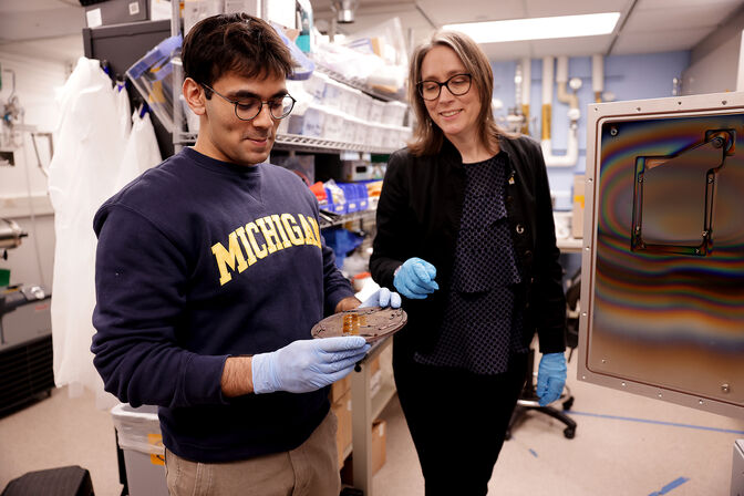 A man with glasses wearing a Michigan shirt, tan slacks and blue latex gloves holds a silver plate while a woman with glasses wearing a black sweater, slacks and blue gloves looks at the plate.They stand in front of shelves that hold lab coats and transparent vials. 