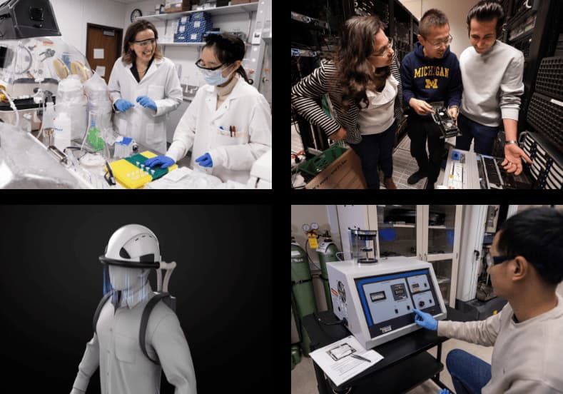 Four photos. Top left is two women in a lab. Top right is three people talking. Bottom left is a simulation of a mask on a dummy. Bottom right is a man pointing at a machine.