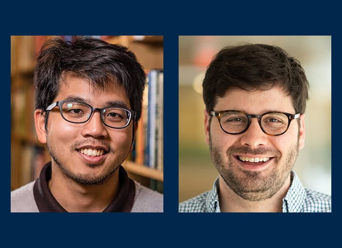 Portrait photos of Thatchaphol Saranurak (left) and Andrew Owens (right), against a navy blue background.