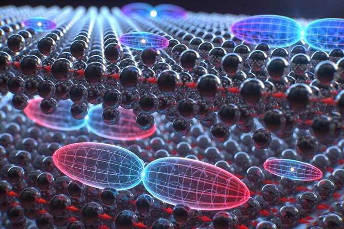 The layers of semiconductor look like shiny black marbles stacked together, each about five marbles thick. These are separated by empty space. The representations of electron orbitals are scattered over the surfaces of the layers. Ground states look like ellipsoids about 3 marbles in length and one marble in width and height, while excited states look like ellipsoids that have been cinched around the middle, roughly 10 marbles long and 2 marbles in width and height. Dots at the central point of each represent holes.