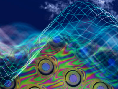 Abstract image with colorful concentric circles and a blue grid wave pattern.