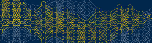 A graphic design featuring a series of circles connected by lines, representing a neural network.