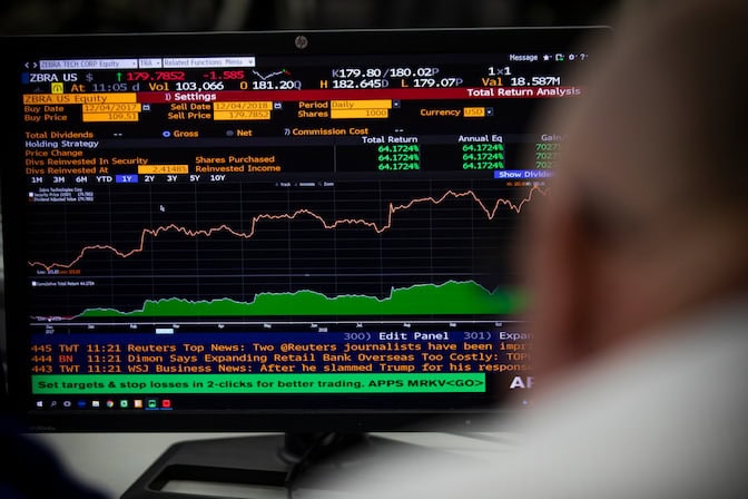 A computer monitor displaying a financial dashboard with stock data graphs and a news ticker.